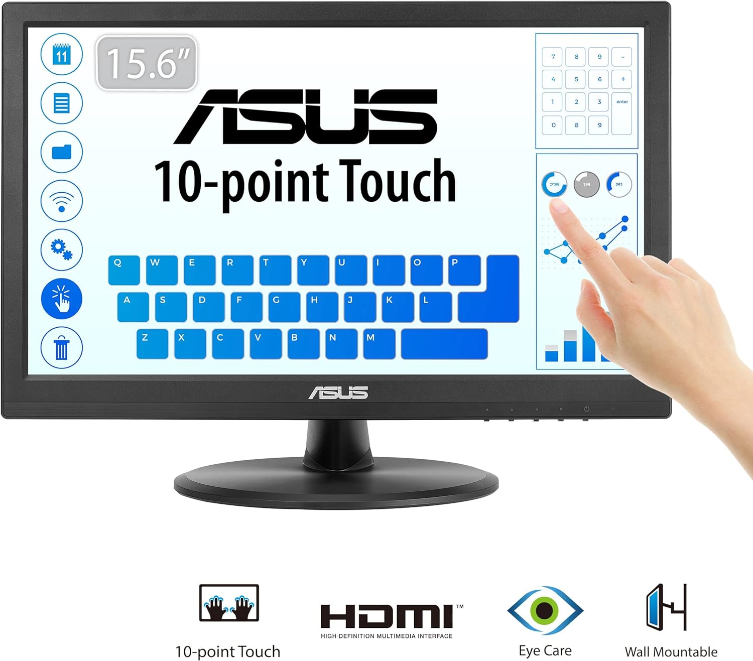 ASUS VT168HR Touch Monitor - 15.6'' (1366x768); 10-point Touch; HDMI; Flicker free; Low Blue Light; Wall-mountable; Eye care