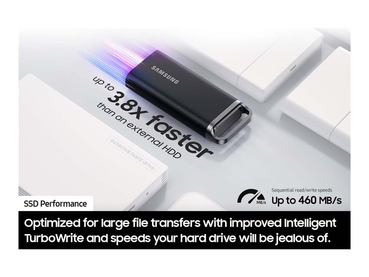 Samsung T5 EVO Portable SSD 8TB; Transfer speed up to 460 MB/s; USB 3.2 (Gen1; 5Gbps) backwards compatible; AES 256-bit hardware
