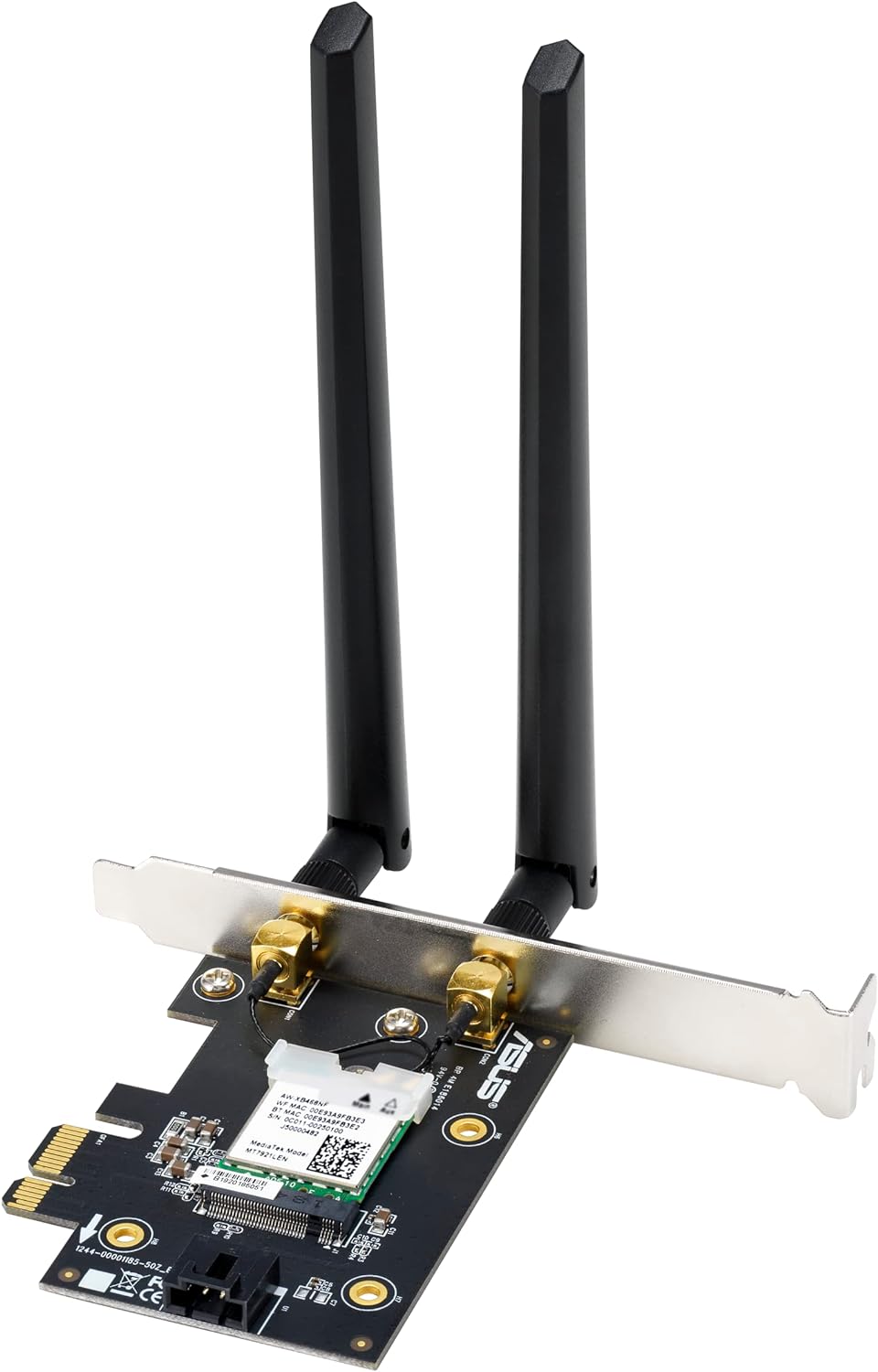 Asus WiFi 6E PCI-E Adapter with 2 external antennas. Supporting 6GHz band; 160MHz; Bluetooth 5.2; WPA3 network security; OFDMA a