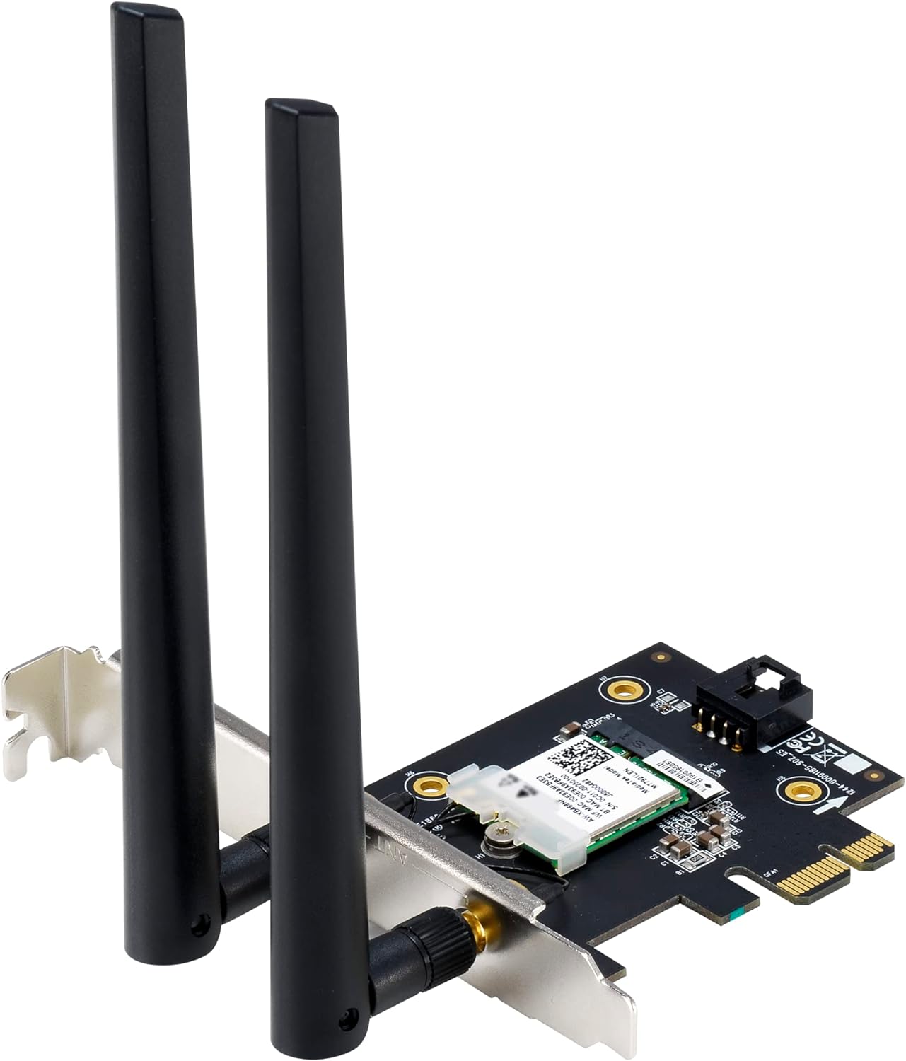 Asus WiFi 6E PCI-E Adapter with 2 external antennas. Supporting 6GHz band; 160MHz; Bluetooth 5.2; WPA3 network security; OFDMA a