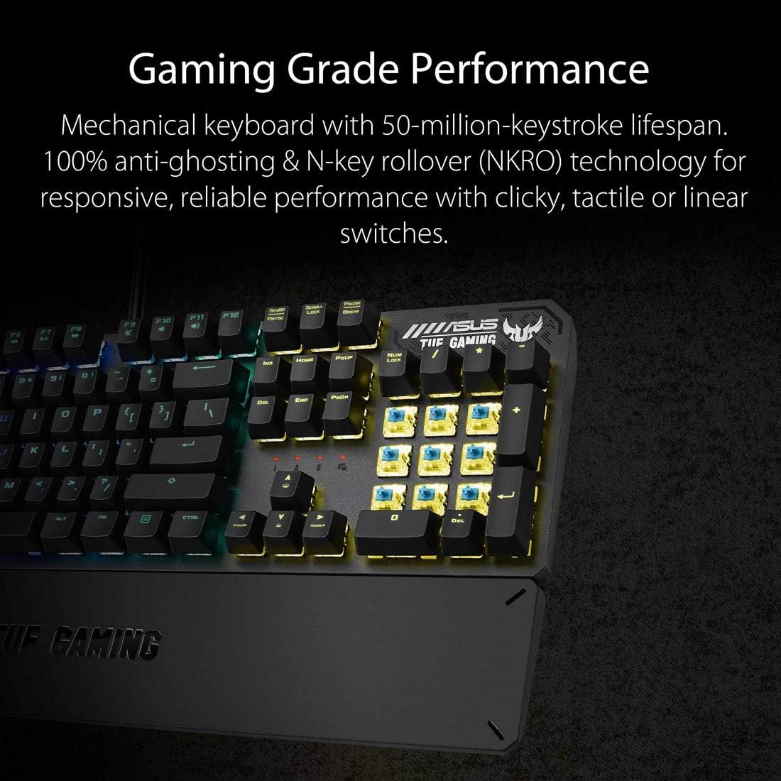 ASUS TUF Gaming K3 RGB mechanical keyboard with N-key rollover; combination media keys; USB 2.0 passthrough; aluminum-alloy top 