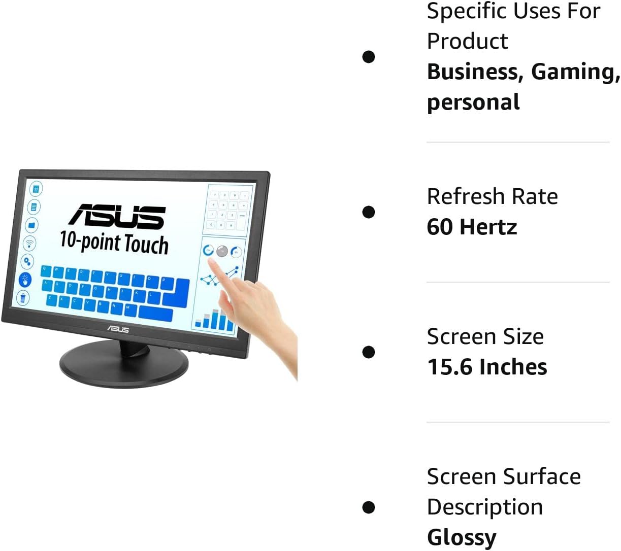 ASUS VT168HR Touch Monitor - 15.6'' (1366x768); 10-point Touch; HDMI; Flicker free; Low Blue Light; Wall-mountable; Eye care