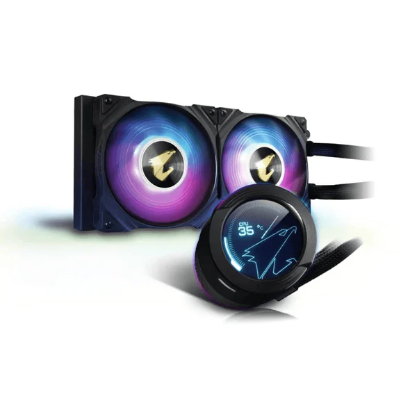 AORUS LIQUID COOLER 240; All-in-one Liquid Cooler with Circular LCD Display; RGB Fusion 2.0; Dual 120mm ARGB Fans. 