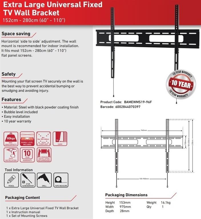 Ellies Extra Large Universal Fix TV Wall Bracket For 60 Inch To 110 Inch – Easy Pull Cord For Safety