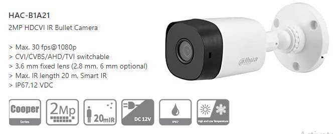 Dahua 2MP HDCVI IR Bullet Camera; Max. 30fps@1080P; 2.8mm fixed lens  IP67; DC12V - Plastic Houusing