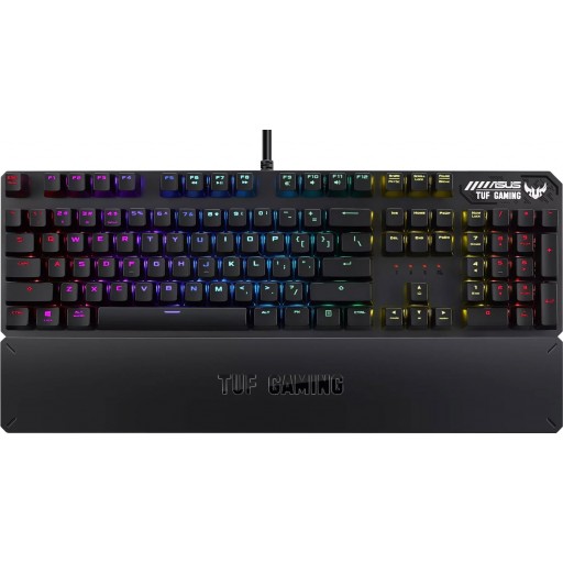 ASUS TUF Gaming K3 RGB mechanical keyboard with N-key rollover; combination media keys; USB 2.0 passthrough; aluminum-alloy top 
