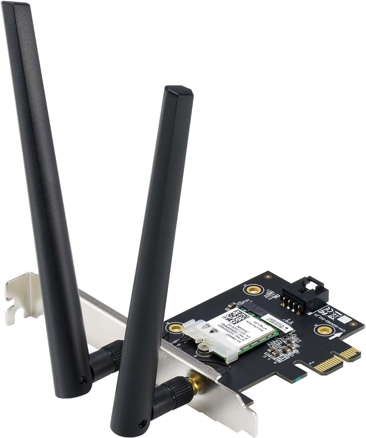 Asus WiFi 6E PCI-E Adapter with 2 external antennas. Supporting 6GHz band; 160MHz; Bluetooth 5.2; WPA3 network security; OFDMA a