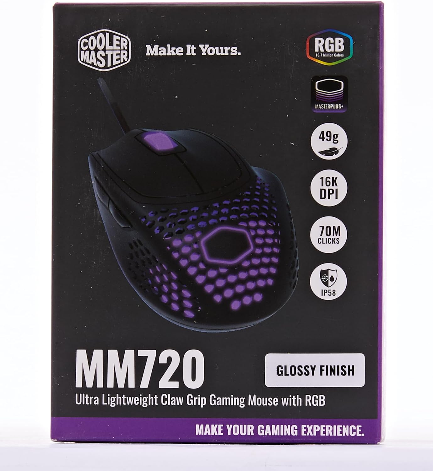 CM Mouse MM 720 Gloss Black; Ultra Light 53g Gaming Mouse; UltraWeave Paracord Cable; Pixart PMW3389 Sensor; PTFE Skates. 