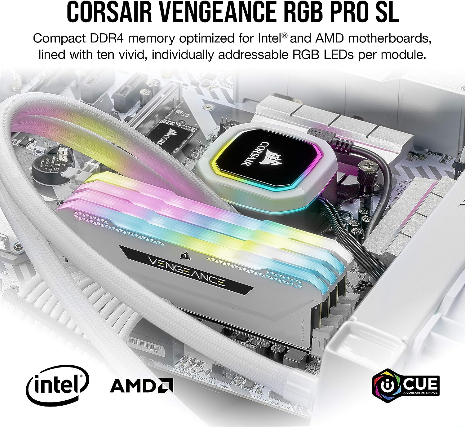 Corsair VENGEANCE® RGB PRO SL 16GB (2 x 8GB) DDR4 DRAM 3200MHz C16 Memory Kit; 18-22-22-42; 1.35; White