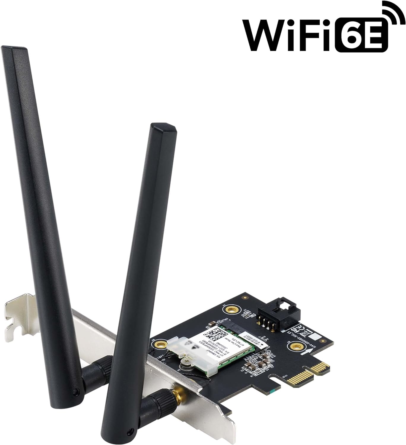 Asus WiFi 6E PCI-E Adapter with 2 external antennas. Supporting 6GHz band; 160MHz; Bluetooth 5.2; WPA3 network security; OFDMA a