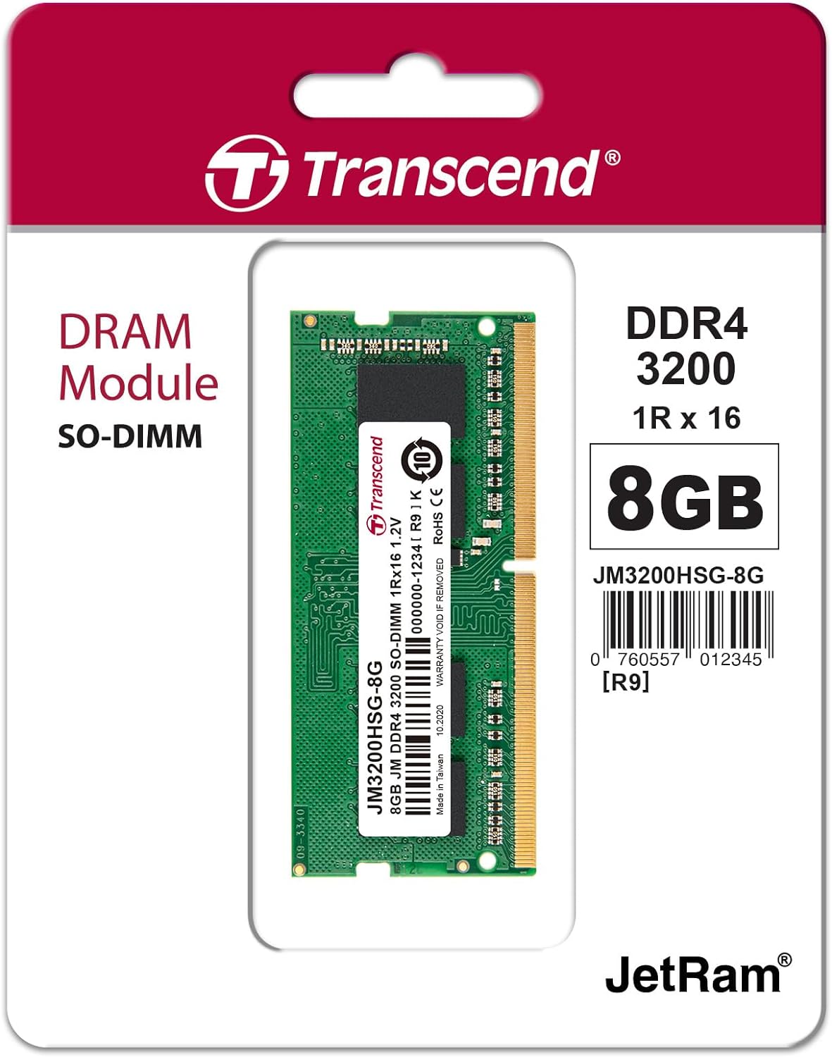 TRANSCEND 8GB DDR4 3200MHZ SO-DIMM 1Rx8 1Gx8 CL22 1.2V