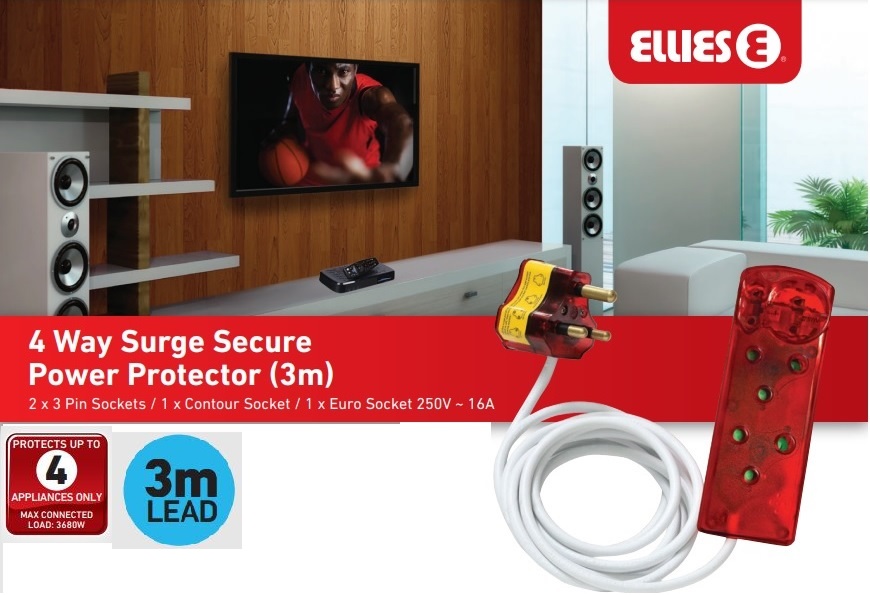 Ellies 4 Way Surge Secure Power Protector With 3 Metre Extension Cord