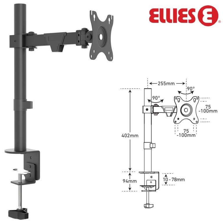 Ellies Single Arm Height Adjustable Desktop Screen Mount –Screen Size 33cm to 81 cm (13 inch to 32 inch)