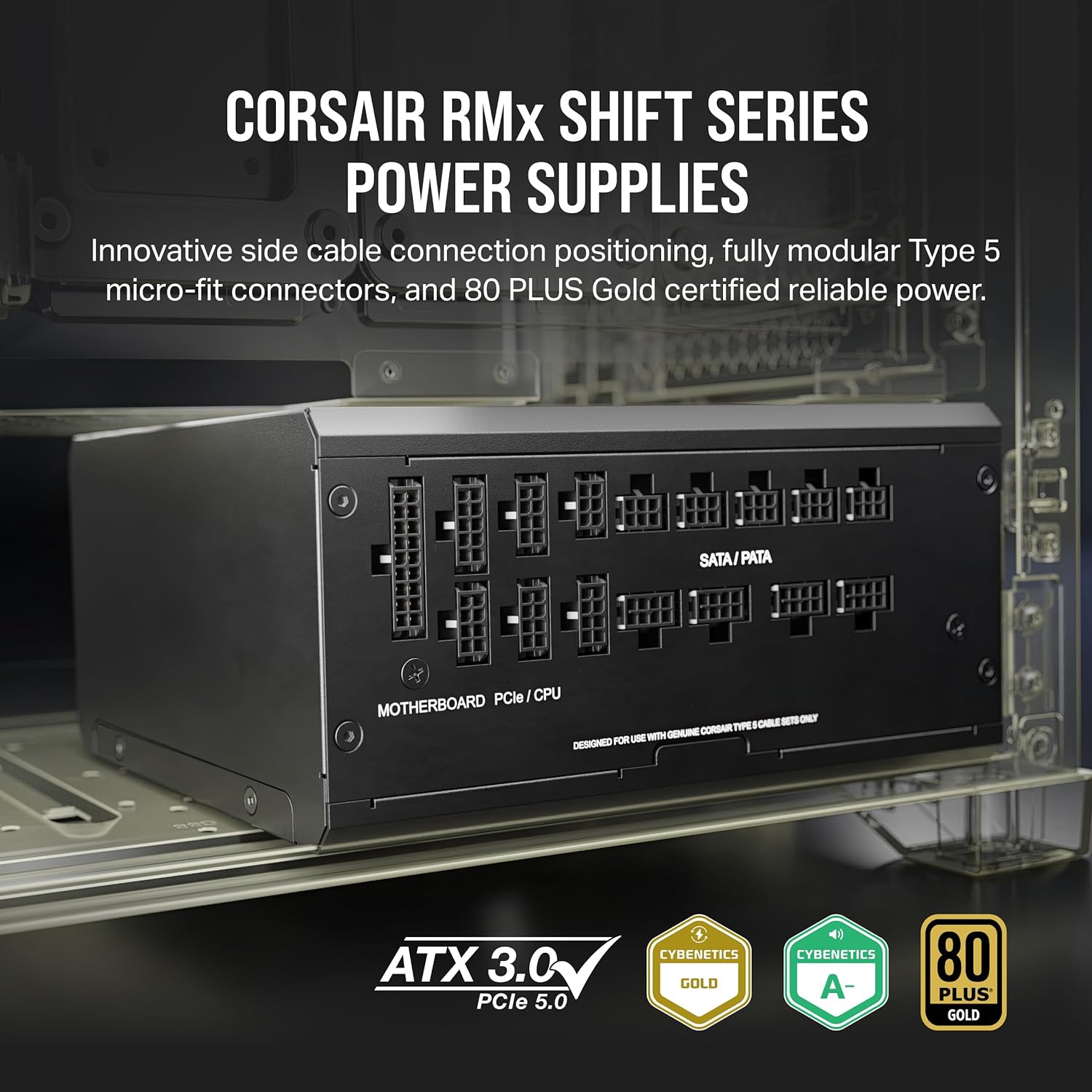 Corsair RM Series™ RM1200x Shift — 1200 Watt 80 PLUS Gold Fully Modular ATX PSU; ATX 3.0; PCI-E 5.0; 10yr Warranty. 