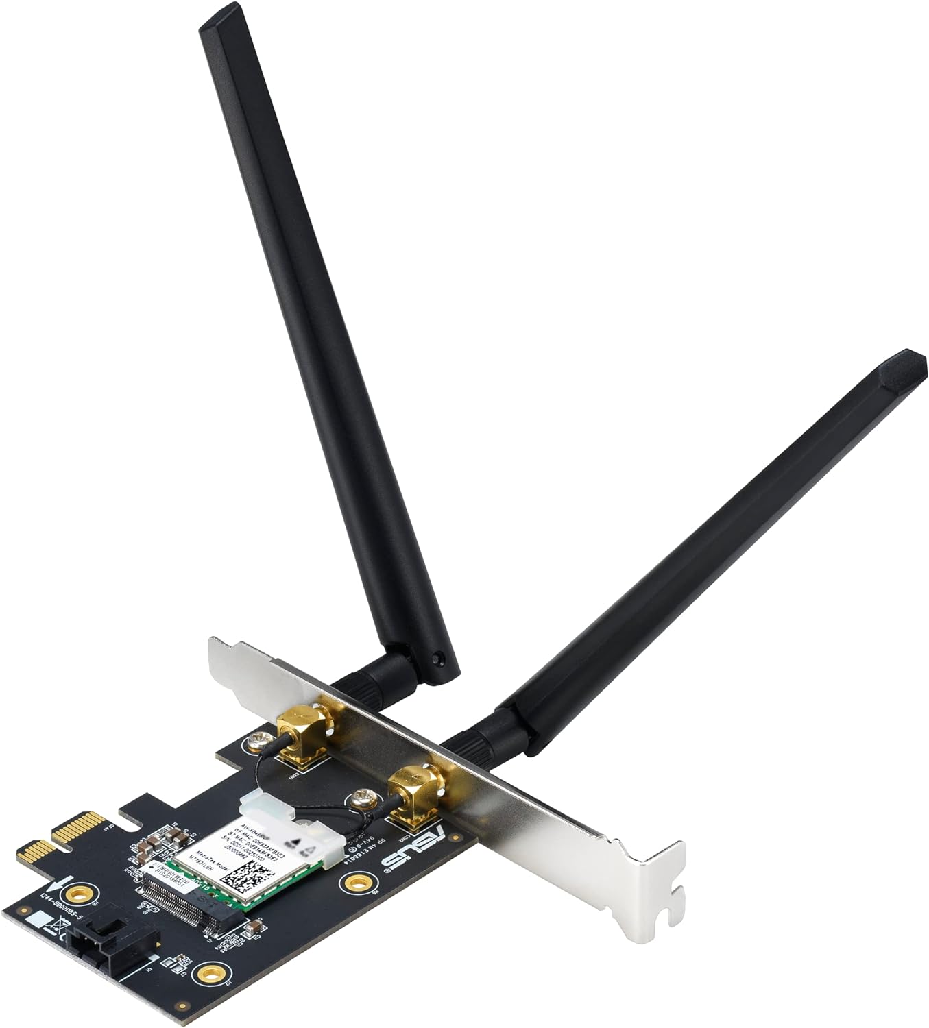 Asus WiFi 6E PCI-E Adapter with 2 external antennas. Supporting 6GHz band; 160MHz; Bluetooth 5.2; WPA3 network security; OFDMA a