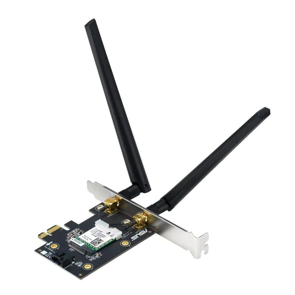Asus WiFi 6E PCI-E Adapter with 2 external antennas. Supporting 6GHz band; 160MHz; Bluetooth 5.2; WPA3 network security; OFDMA a