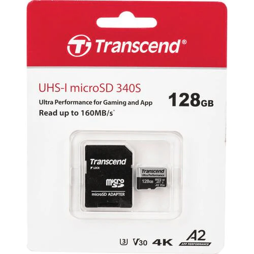TRANSCEND 340S 128GB ULTRA PERFROMANCE MICRO SD UHS-I  U3 V30 A2 CLASS10 - READ 160 MB/S - WRITE 90MB/S - WITH SD ADPTOR - TLC